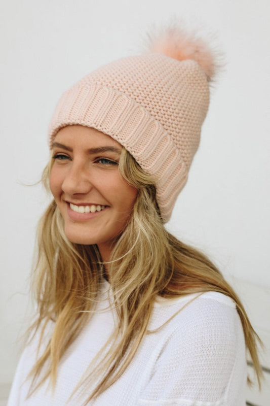 Beautiful Pom Beanie with Faux Sherpa Lining